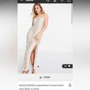 ASOS DESIGN EMBELLISHED CROCHET HALFER DRESS IN STONE- size 6